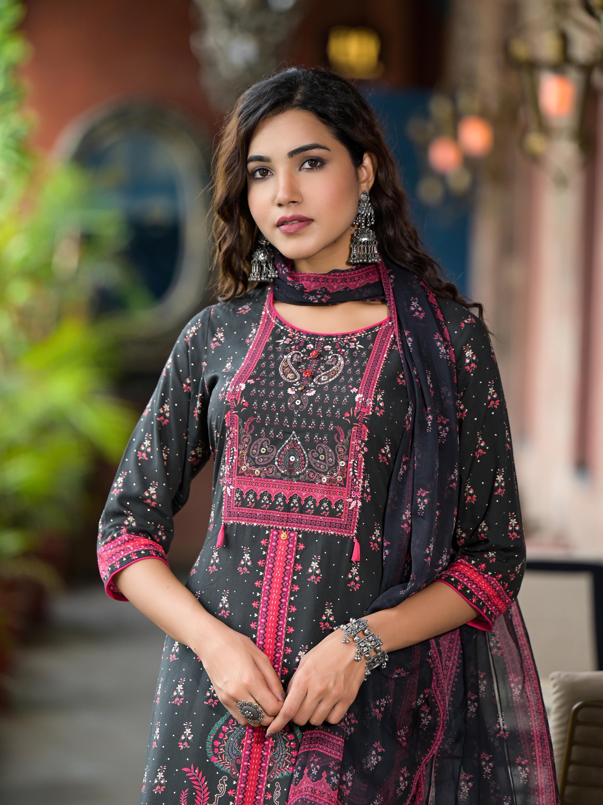 Black Ethnic Motif Printed Liva Rayon Kurta Set With Buttons Coins & T