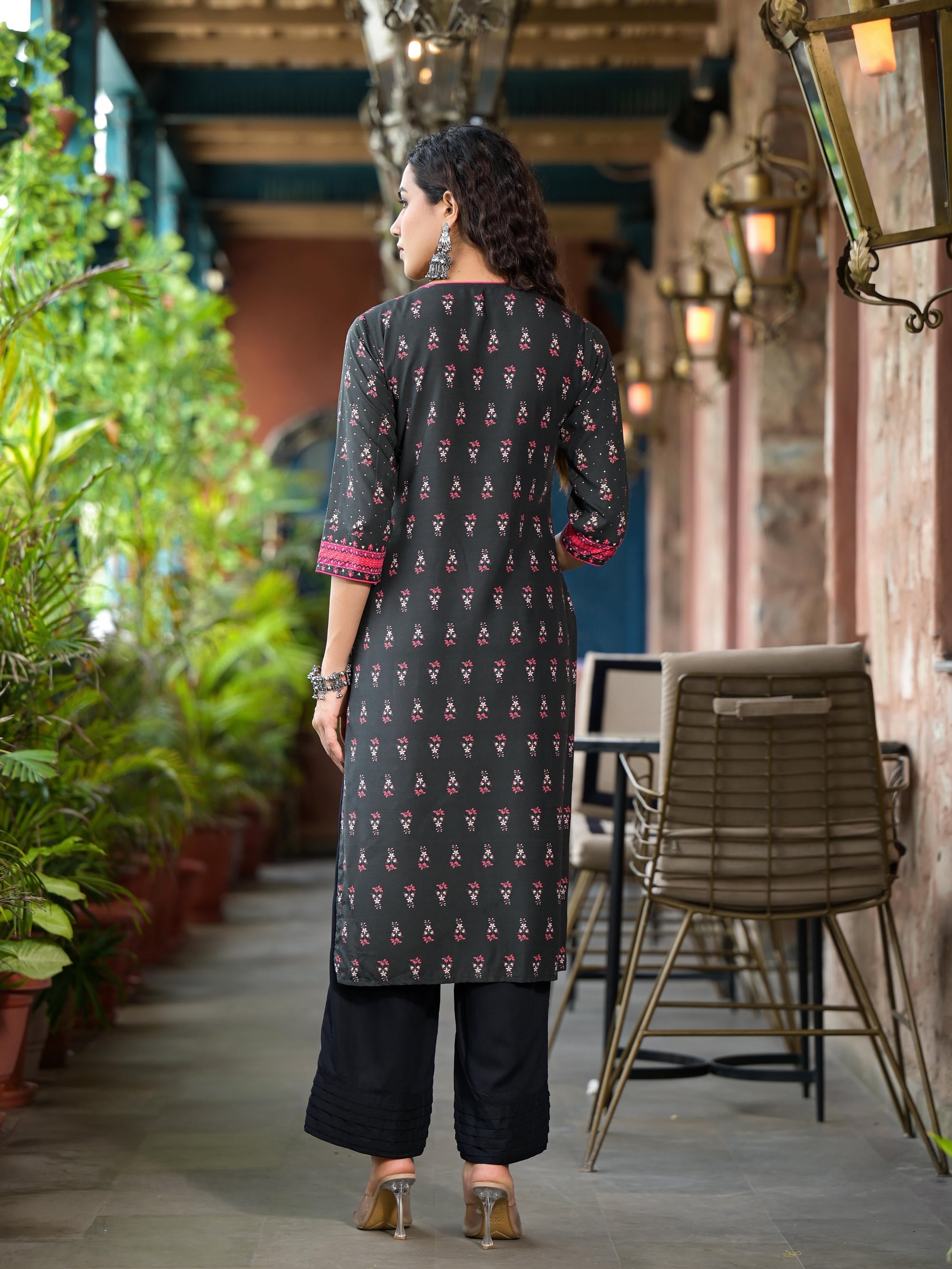 Black Ethnic Motif Printed Liva Rayon Kurta Set With Buttons Coins & T