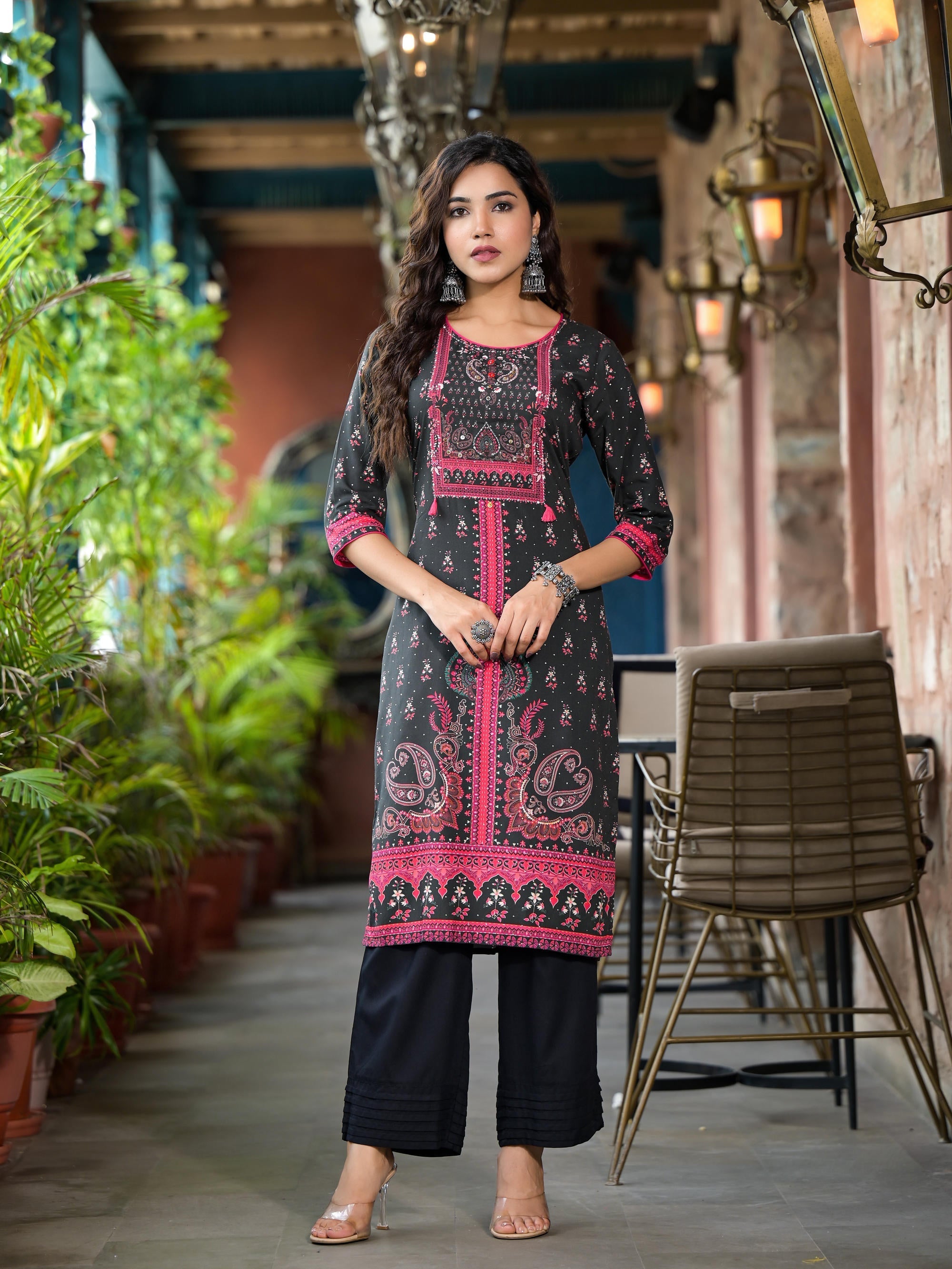 Black Ethnic Motif Printed Liva Rayon Kurta Set With Buttons Coins & T