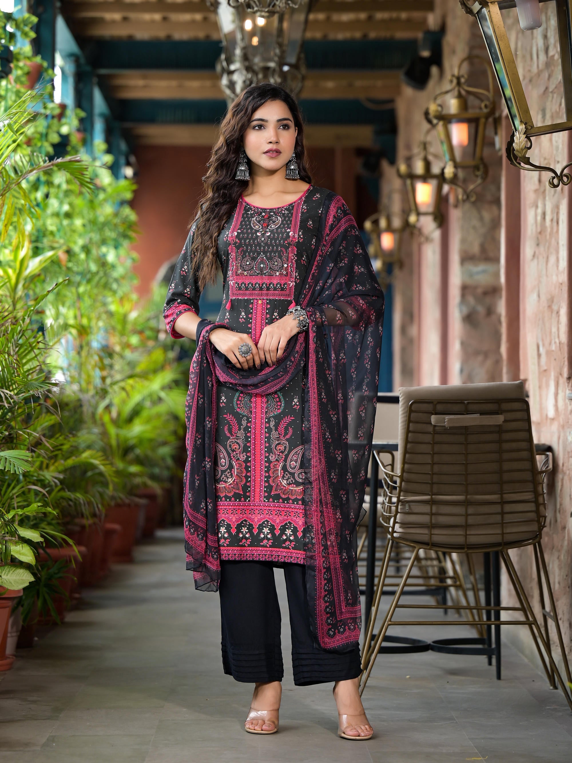 Black Ethnic Motif Printed Liva Rayon Kurta Set With Buttons Coins & T