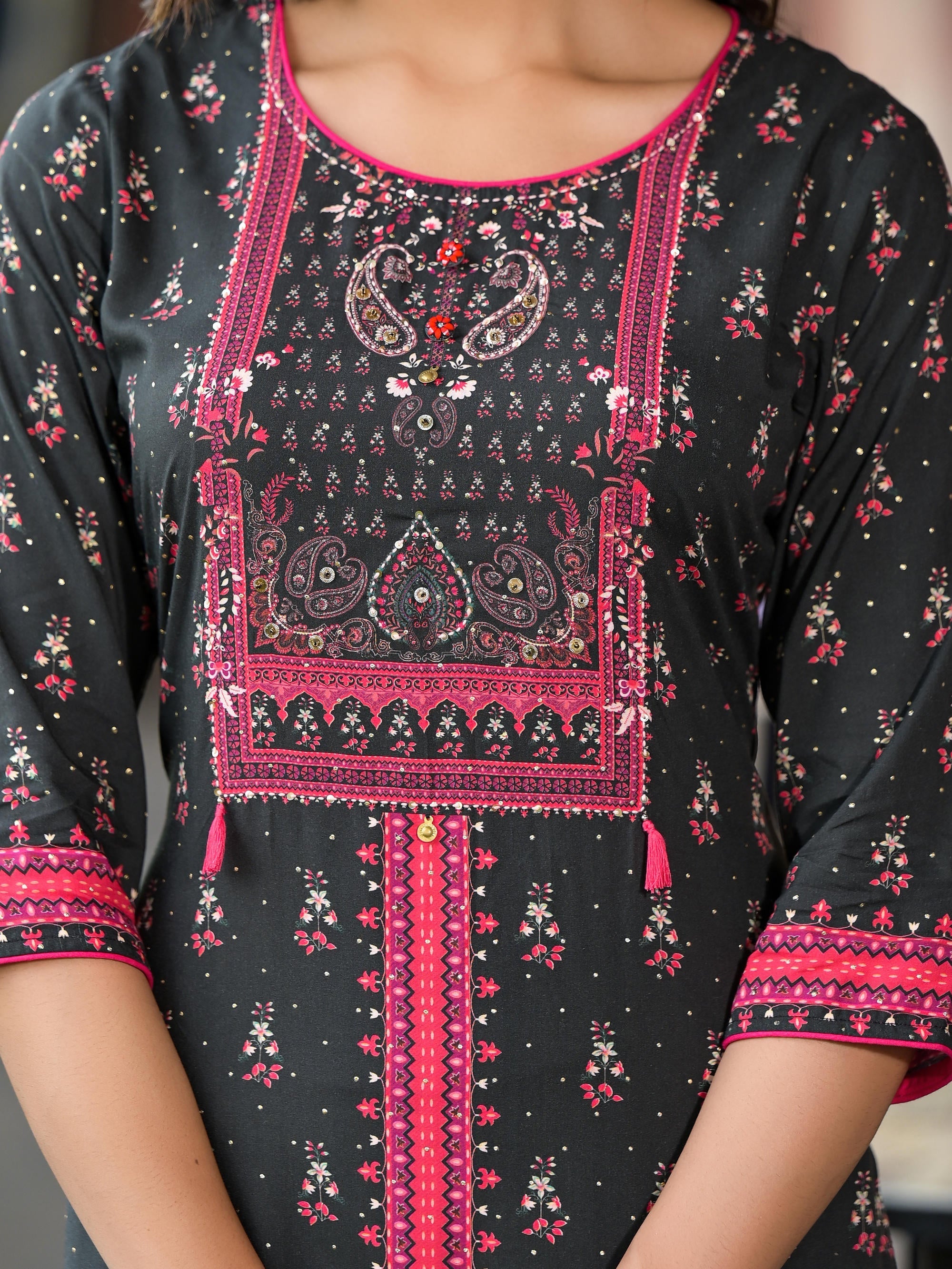 Black Ethnic Motif Printed Liva Rayon Kurta Set With Buttons Coins & T