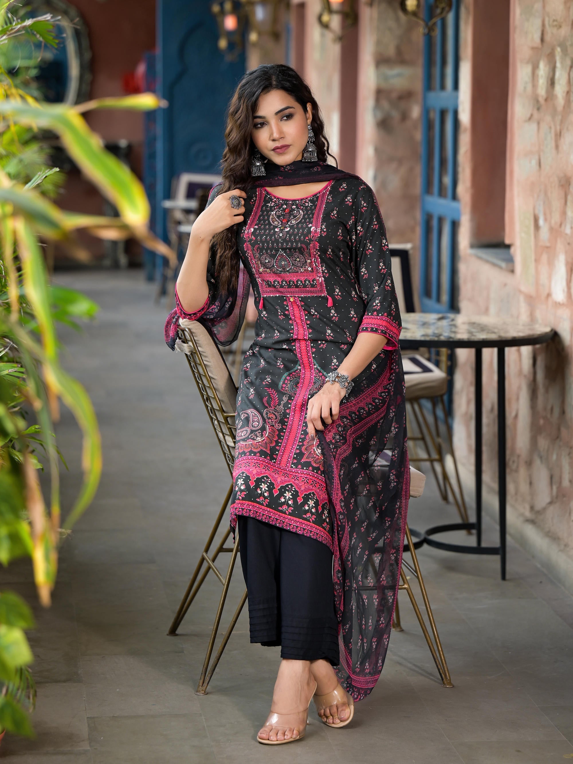 Black Ethnic Motif Printed Liva Rayon Kurta Set With Buttons Coins & T