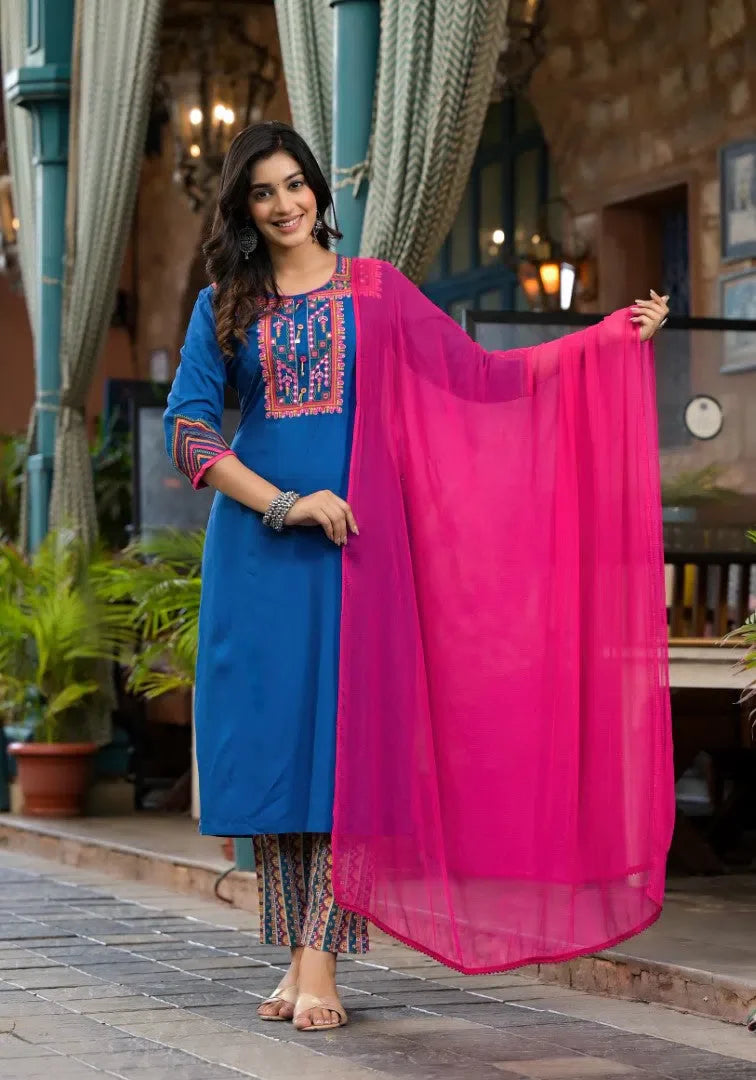 Blue Embroidered Rayon Kurta Set with Dupatta | Indian Kurta Sets