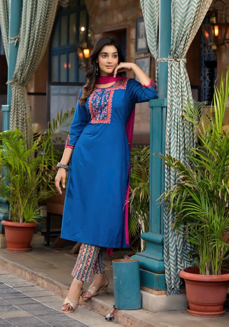 Blue Embroidered Rayon Kurta Set with Dupatta | Indian Kurta Sets