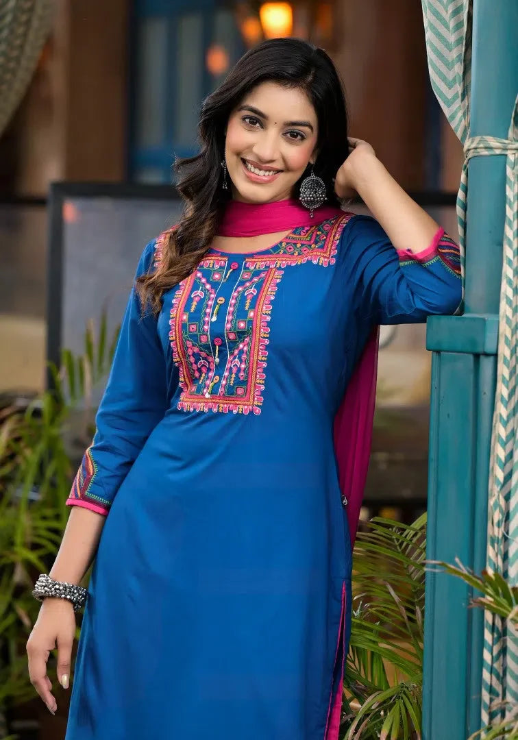 Blue Embroidered Rayon Kurta Set with Dupatta | Indian Kurta Sets