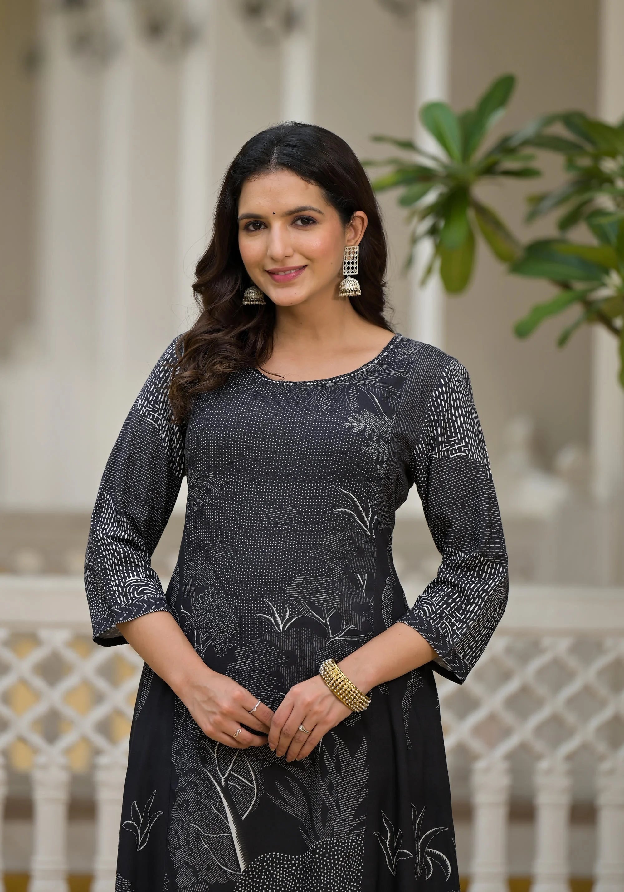 Black Abstract Printed Indian Kurta with Sequins