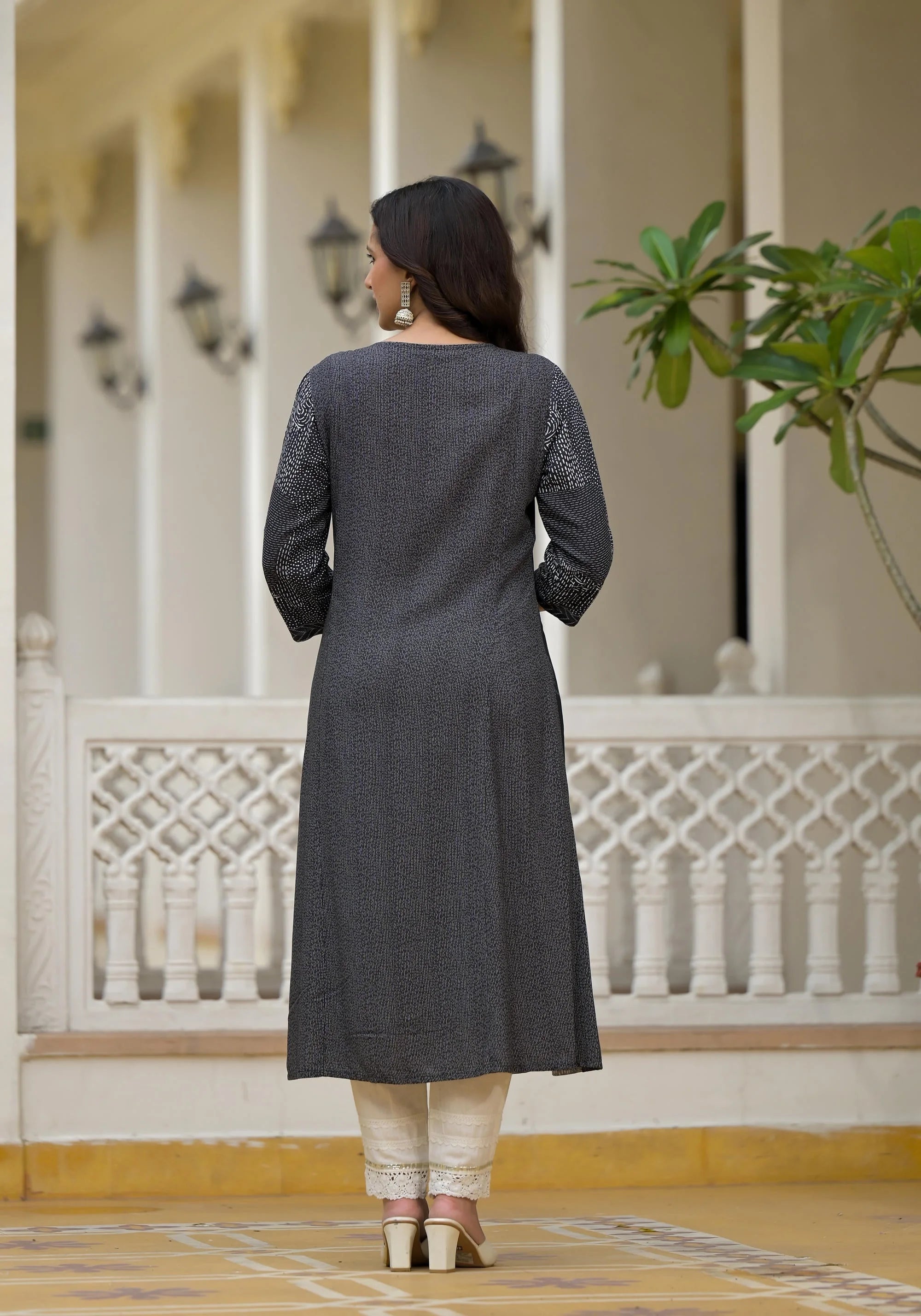 Black Abstract Printed Indian Kurta with Sequins