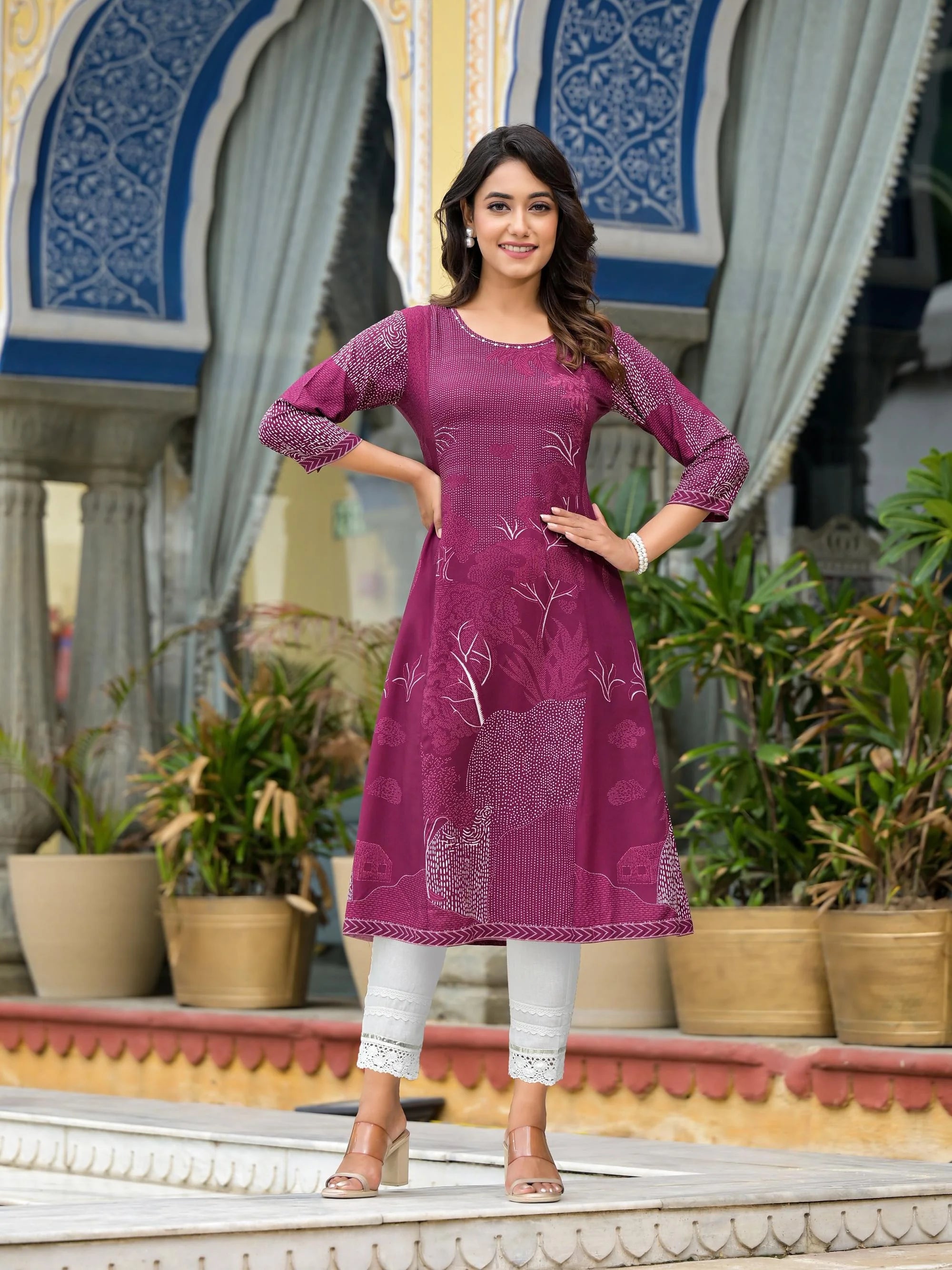 Wine Printed Rayon Kurta | Indian Kurta for Women Online