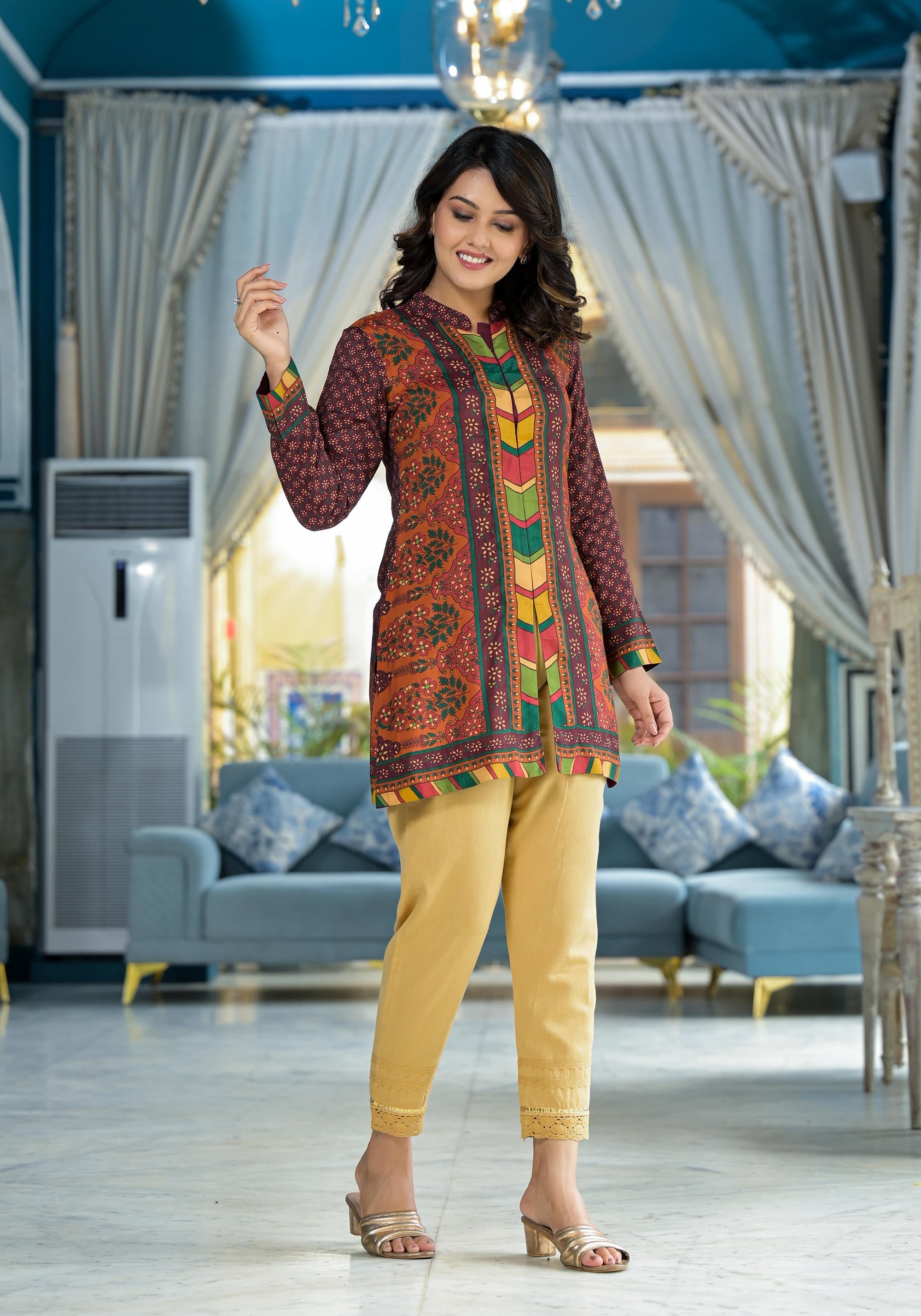 Multi Ethnic Motif Printed Viscose Tunic For Women | DesiQlo