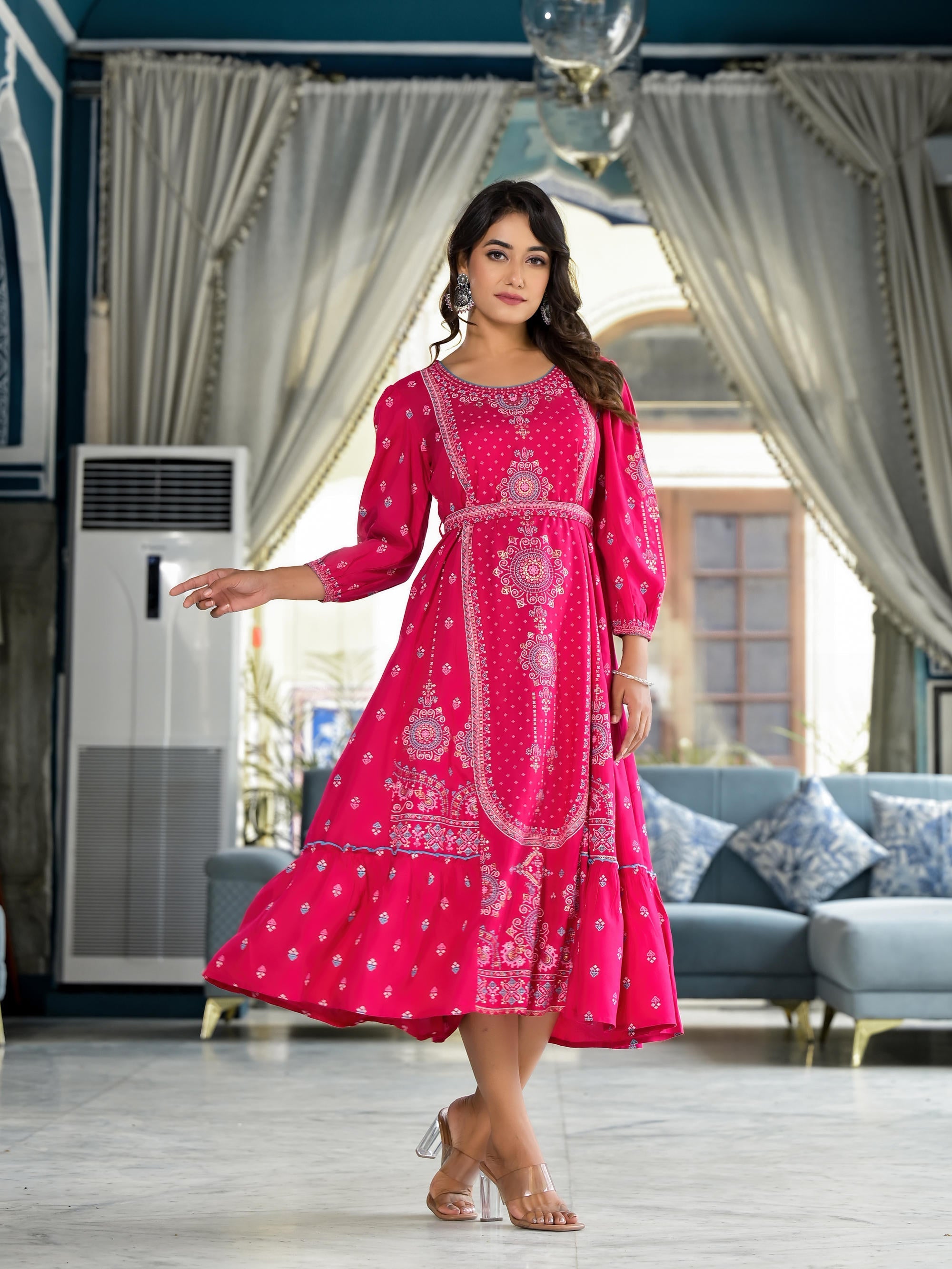 Fuchsia Ethnic Motif Printed Liva Rayon A-lined Tiered Dress With Belt