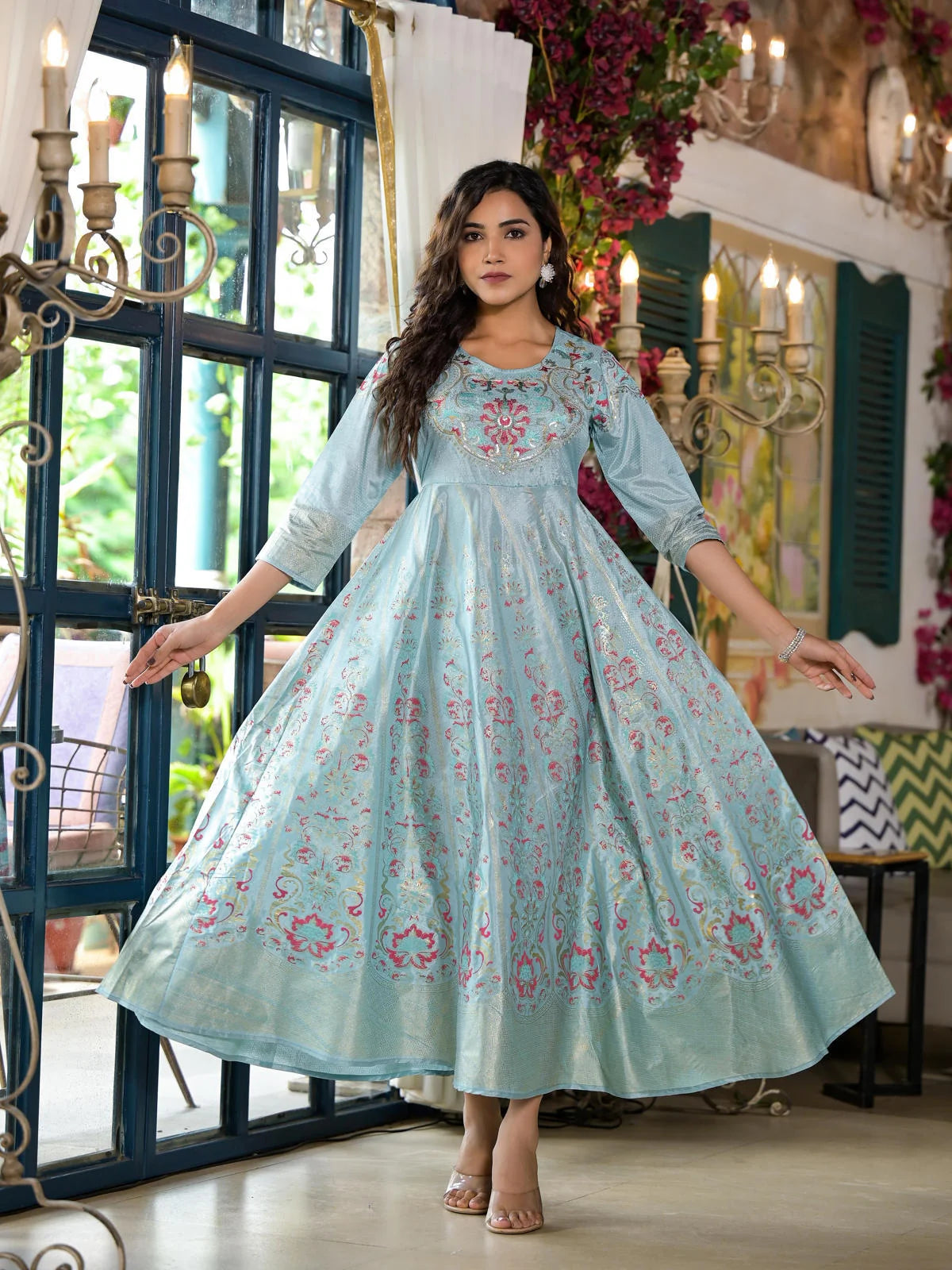 Sea Green Ethnic Printed Indian Dresses with Sequins & Thread