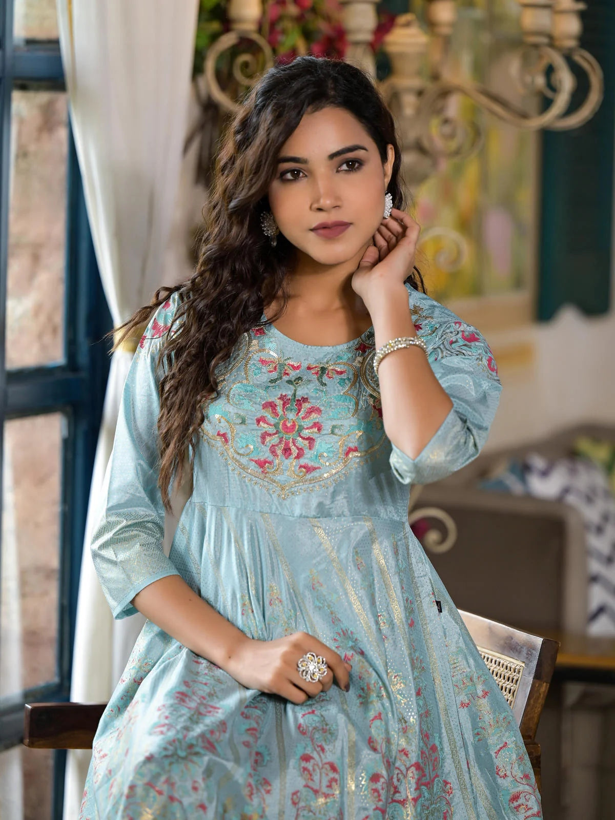 Sea Green Ethnic Printed Indian Dresses with Sequins & Thread