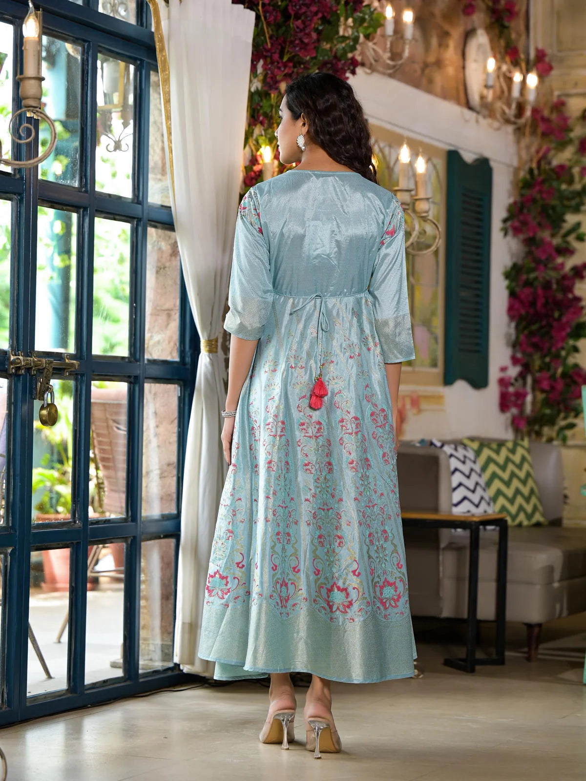 Sea Green Ethnic Printed Indian Dresses with Sequins & Thread