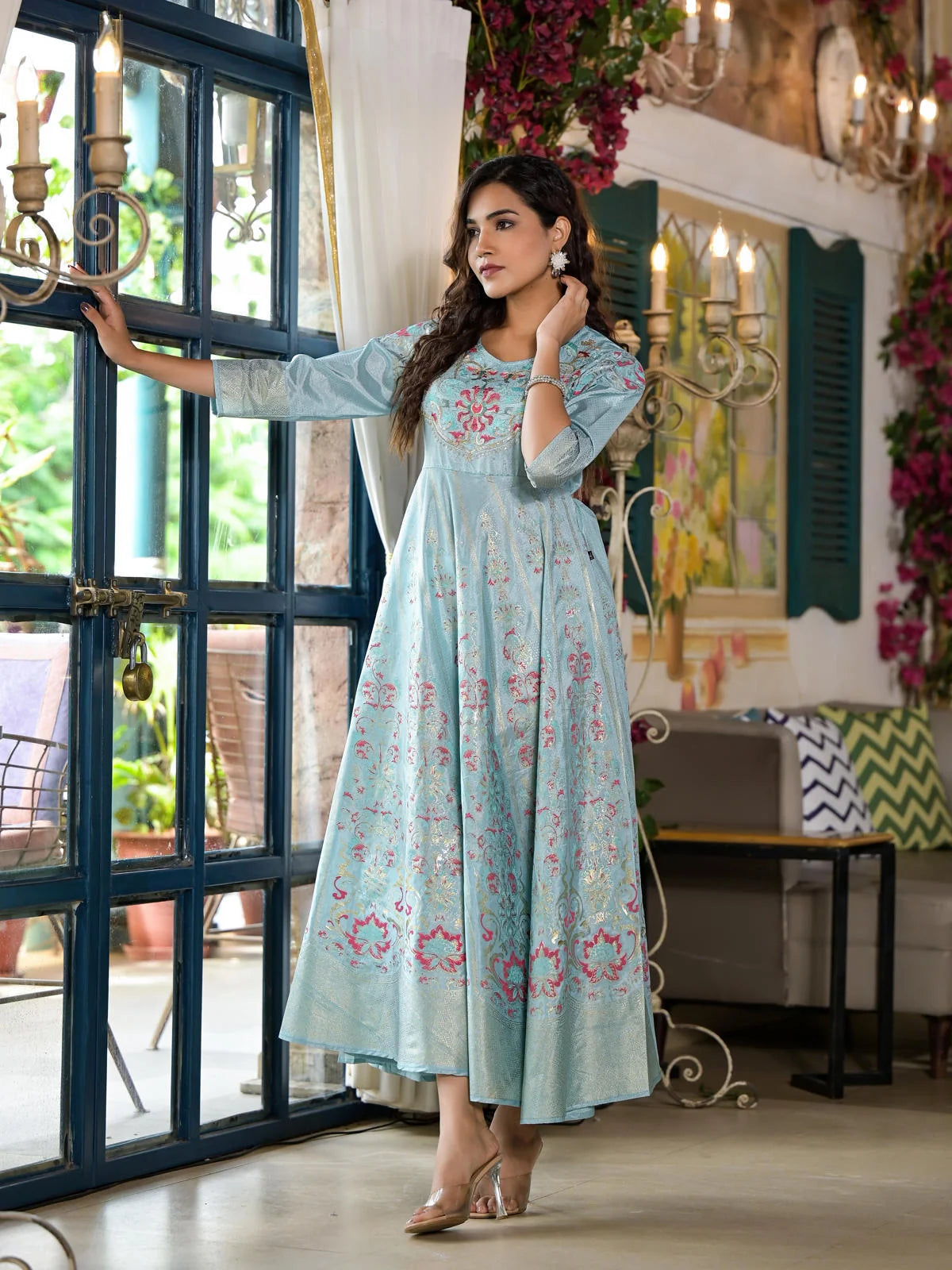 Sea Green Ethnic Printed Indian Dresses with Sequins & Thread