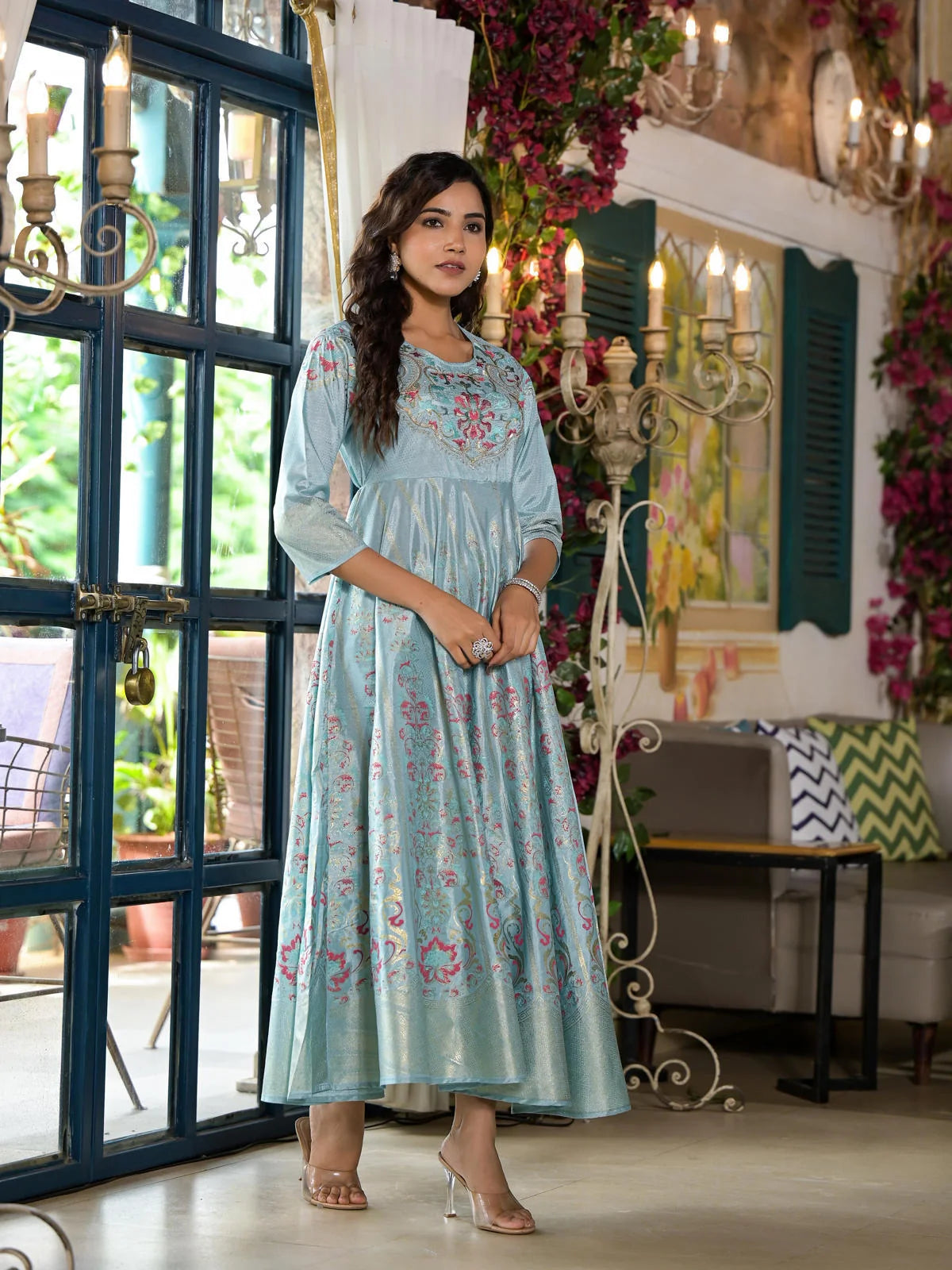 Sea Green Ethnic Printed Indian Dresses with Sequins & Thread