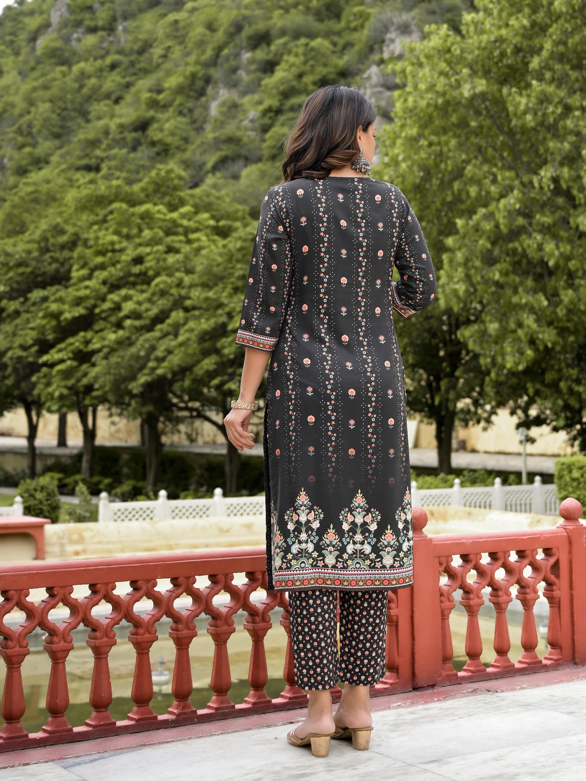Black Ethnic Motif Printed Liva Rayon Kurta Pant And Dupatta Set With 