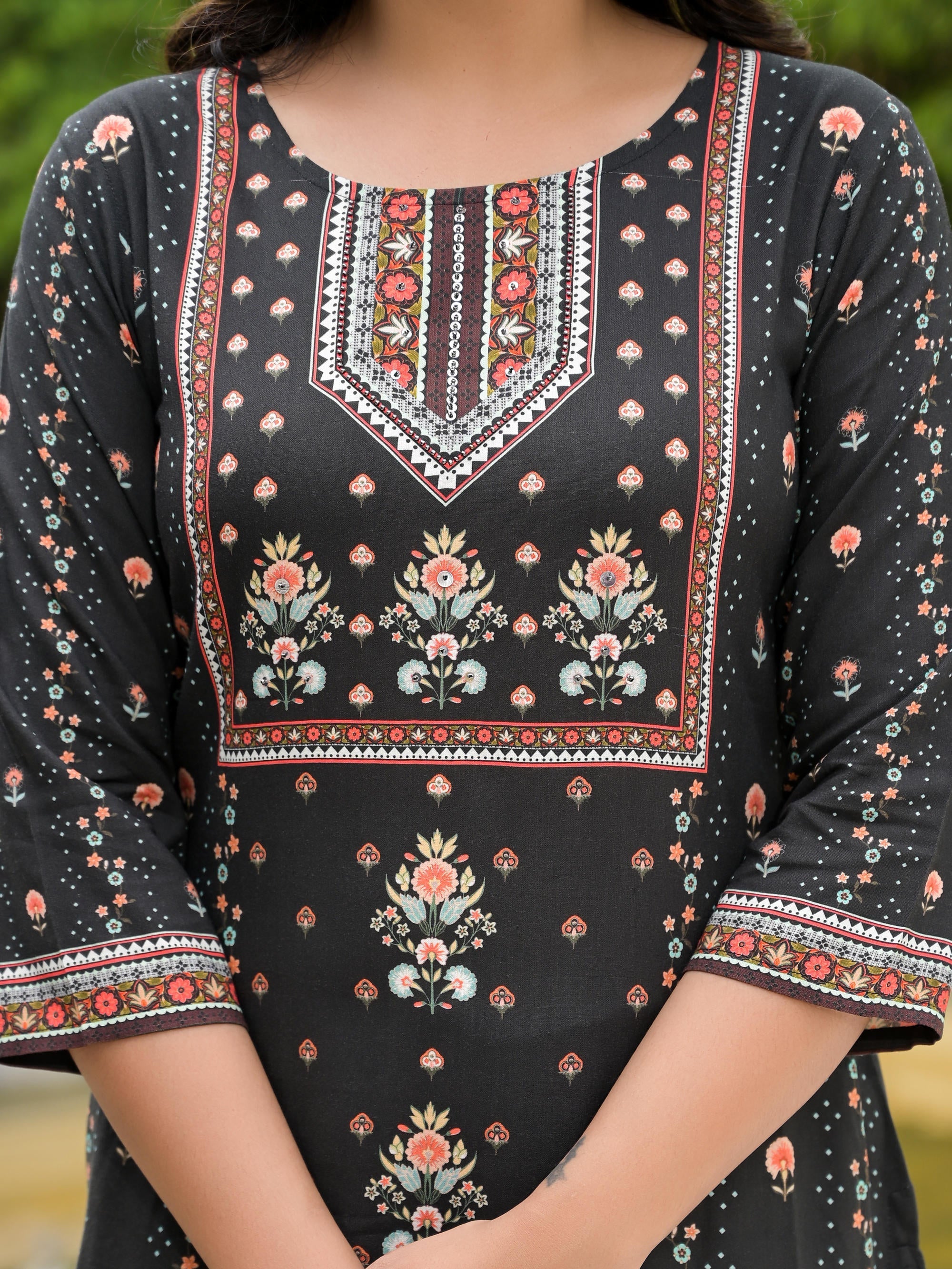 Black Ethnic Motif Printed Liva Rayon Kurta Pant And Dupatta Set With 