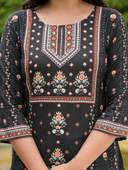 Black Ethnic Motif Printed Liva Rayon Kurta Pant And Dupatta Set With Sequins