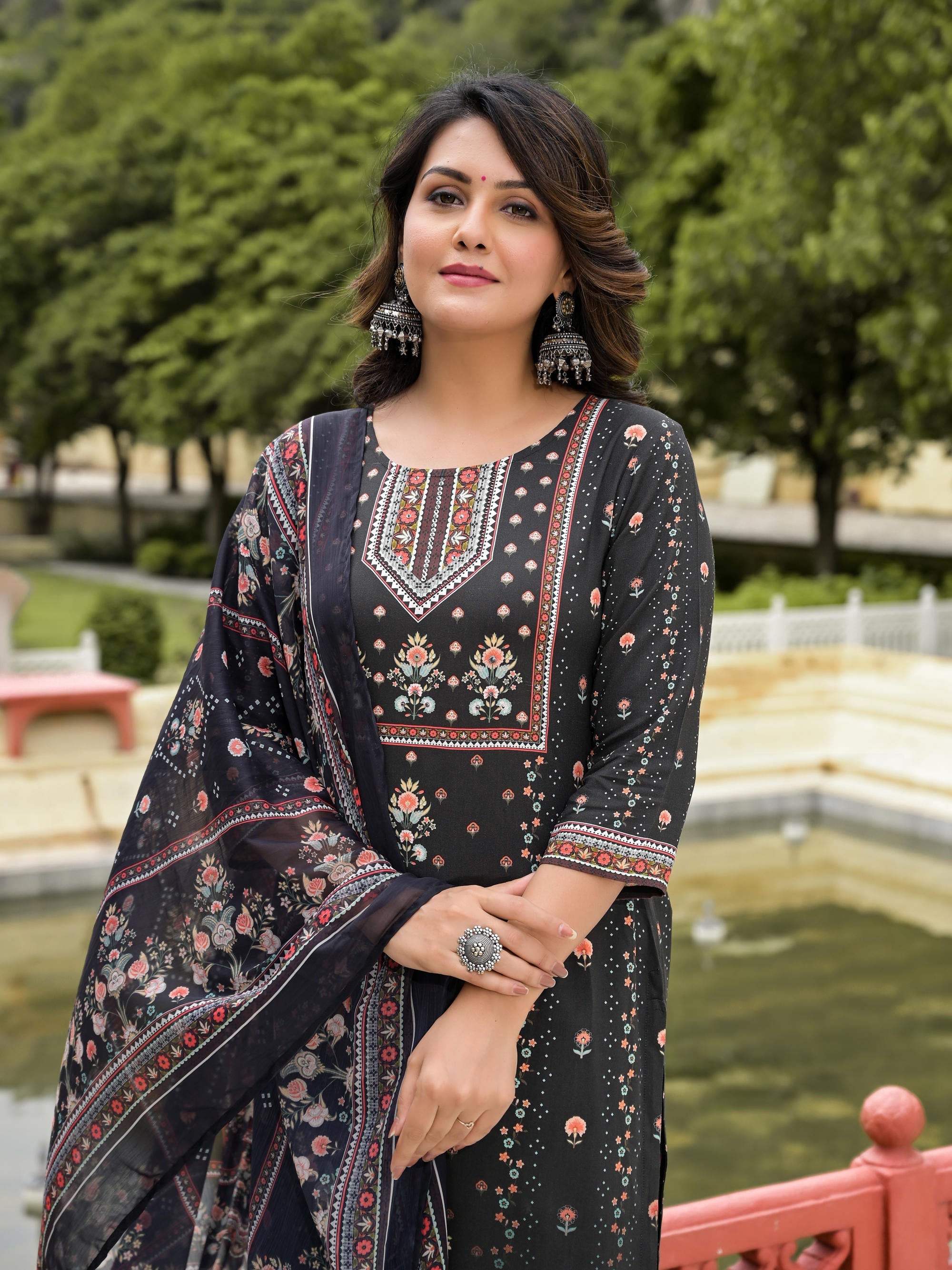 Black Ethnic Motif Printed Liva Rayon Kurta Pant And Dupatta Set With 