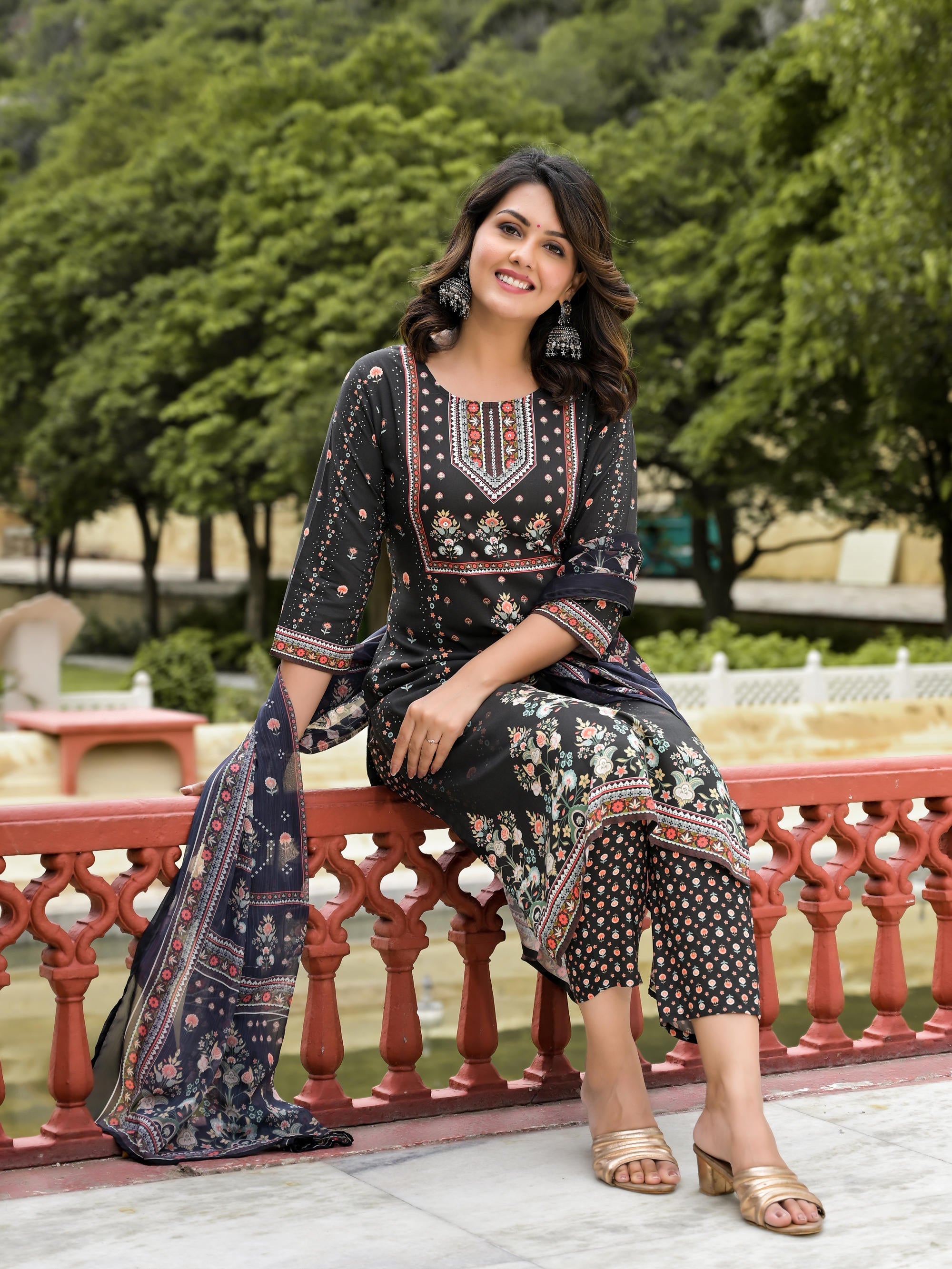 Black Ethnic Motif Printed Liva Rayon Kurta Pant And Dupatta Set With 