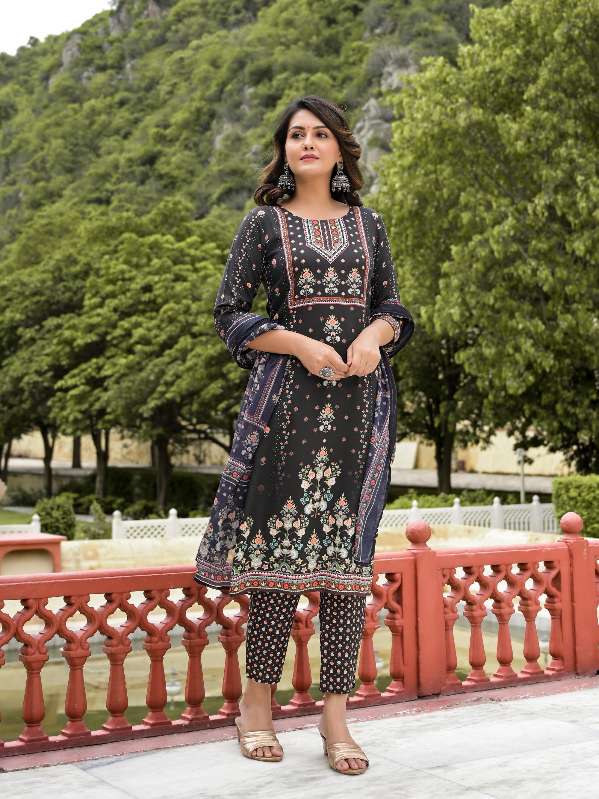Black Ethnic Motif Printed Liva Rayon Kurta Pant And Dupatta Set With 