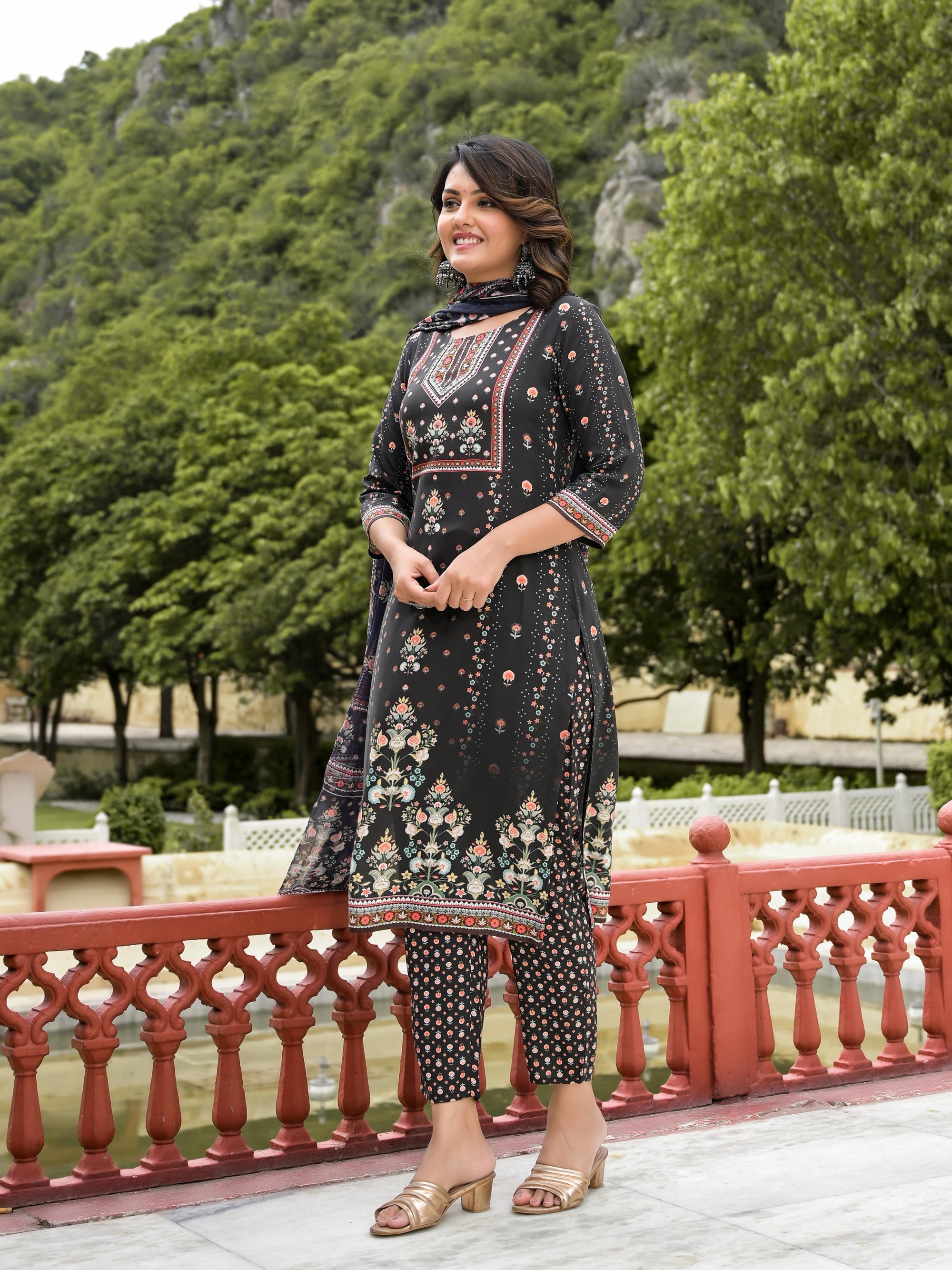 Black Ethnic Motif Printed Liva Rayon Kurta Pant And Dupatta Set With 