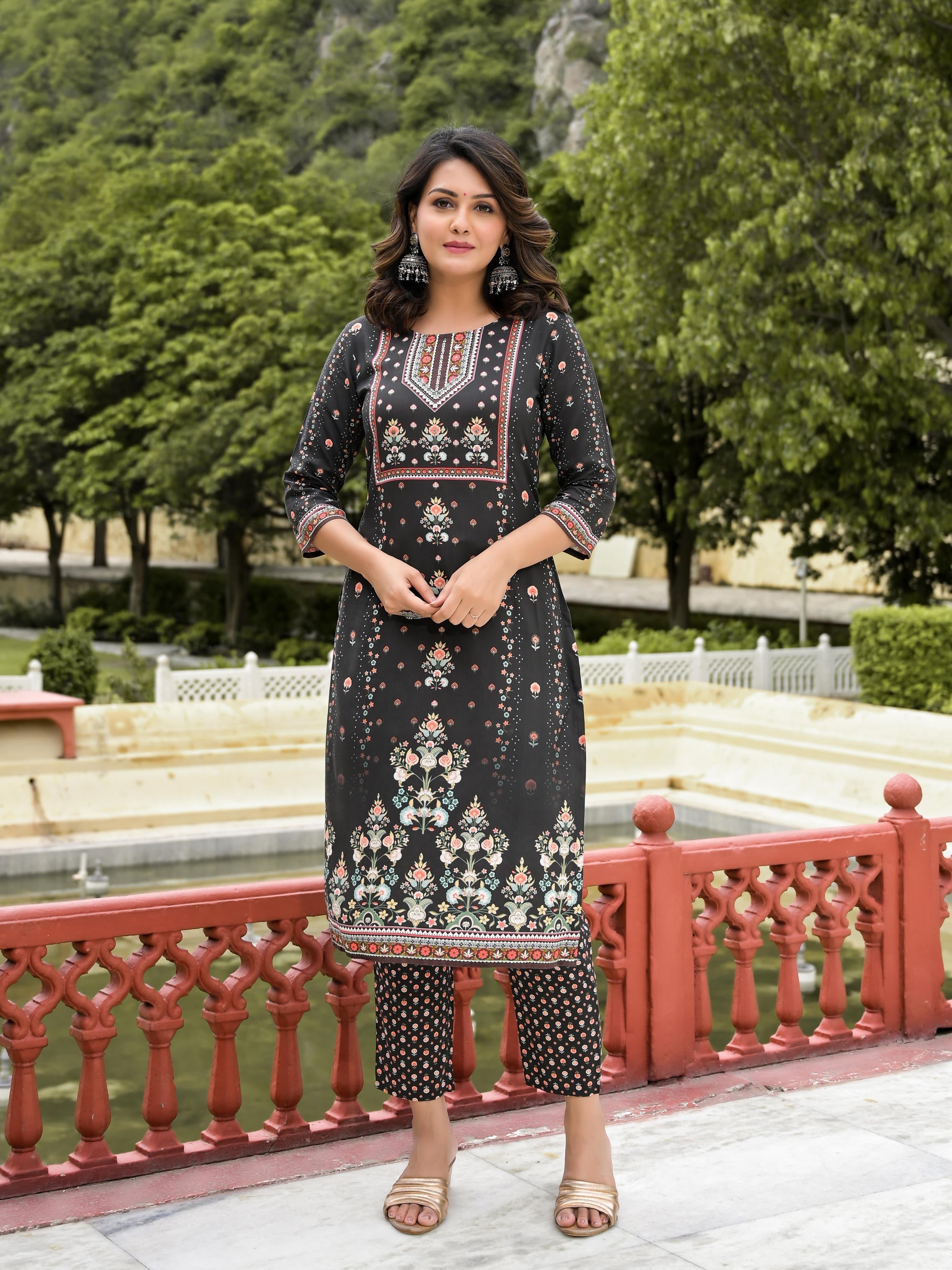 Black Ethnic Motif Printed Liva Rayon Kurta Pant And Dupatta Set With 