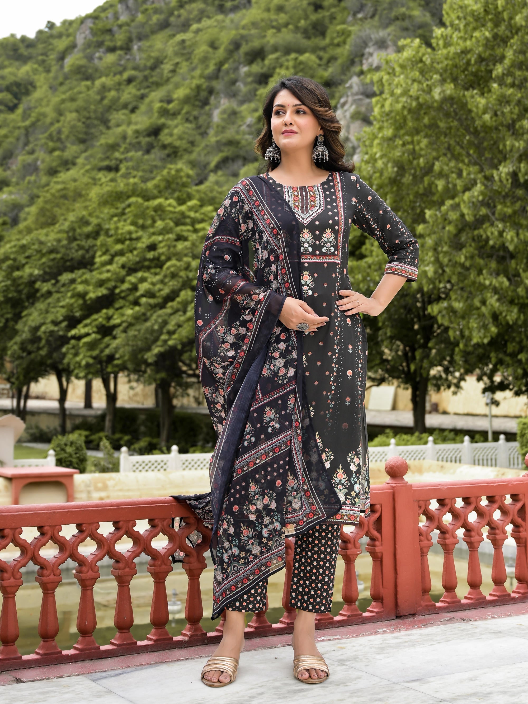 Black Ethnic Motif Printed Liva Rayon Kurta Pant And Dupatta Set With 