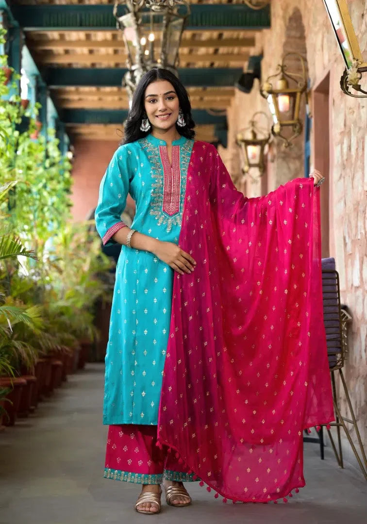Turquoise Printed Kurta Set with Dupatta | Indian Kurta Sets