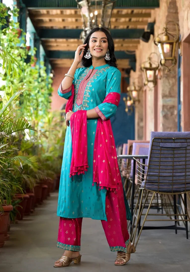 Turquoise Printed Kurta Set with Dupatta | Indian Kurta Sets