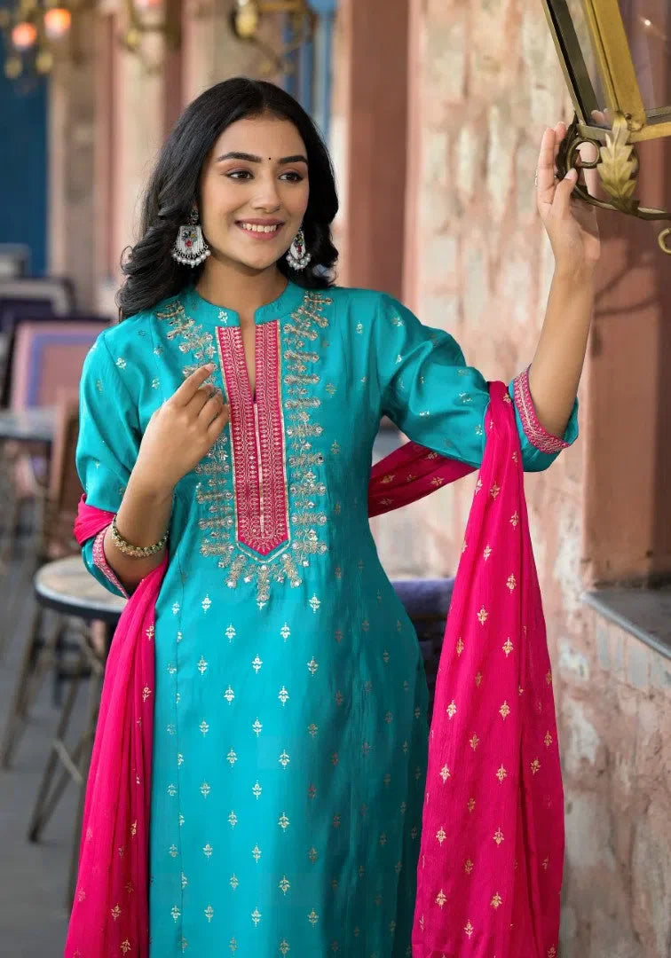 Turquoise Printed Kurta Set with Dupatta | Indian Kurta Sets