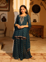 The Swarn Teal Ethnic Motif Printed Georgette Kurta Pant And Dupatta With Sequins & Zari Work-J4680TEAL
