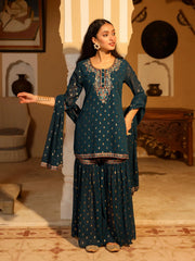The Swarn Teal Ethnic Motif Printed Georgette Kurta Pant And Dupatta With Sequins & Zari Work-J4680TEAL