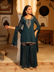 The Swarn Teal Ethnic Motif Printed Georgette Kurta Pant And Dupatta With Sequins & Zari Work-J4680TEAL