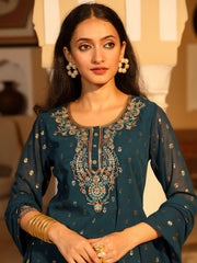 The Swarn Teal Ethnic Motif Printed Georgette Kurta Pant And Dupatta With Sequins & Zari Work-J4680TEAL
