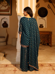 The Swarn Teal Ethnic Motif Printed Georgette Kurta Pant And Dupatta With Sequins & Zari Work-J4680TEAL