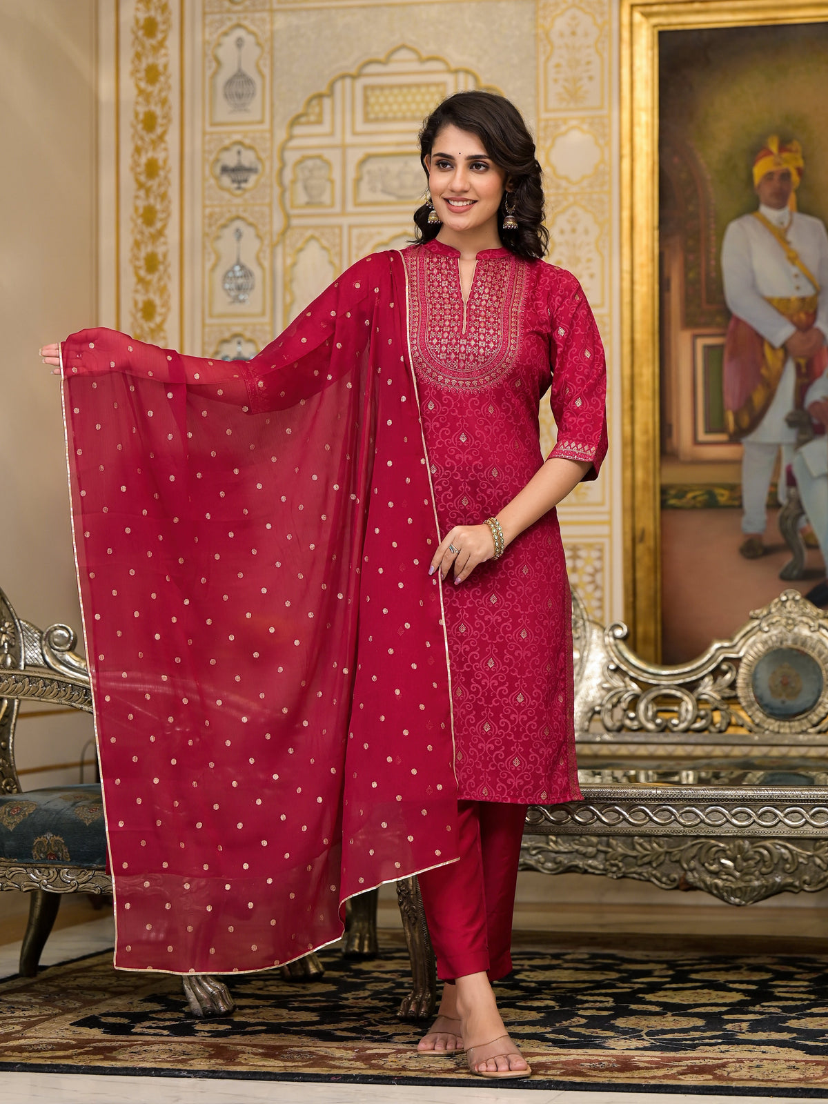 Women Red  Printed Straight Kurta Pants & Dupatta Set