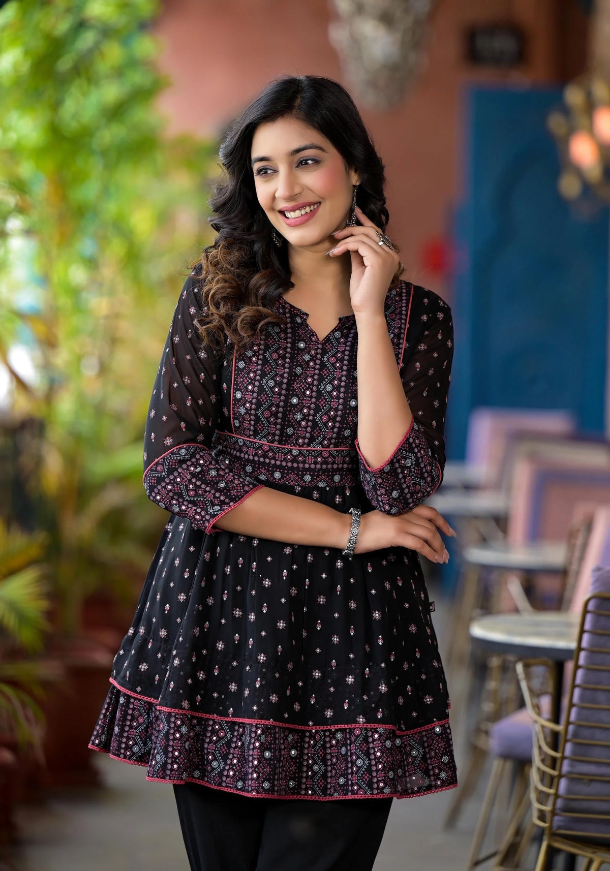 Black Ethnic Motif Printed Georgette A Lined Tunic-J4690BLACK