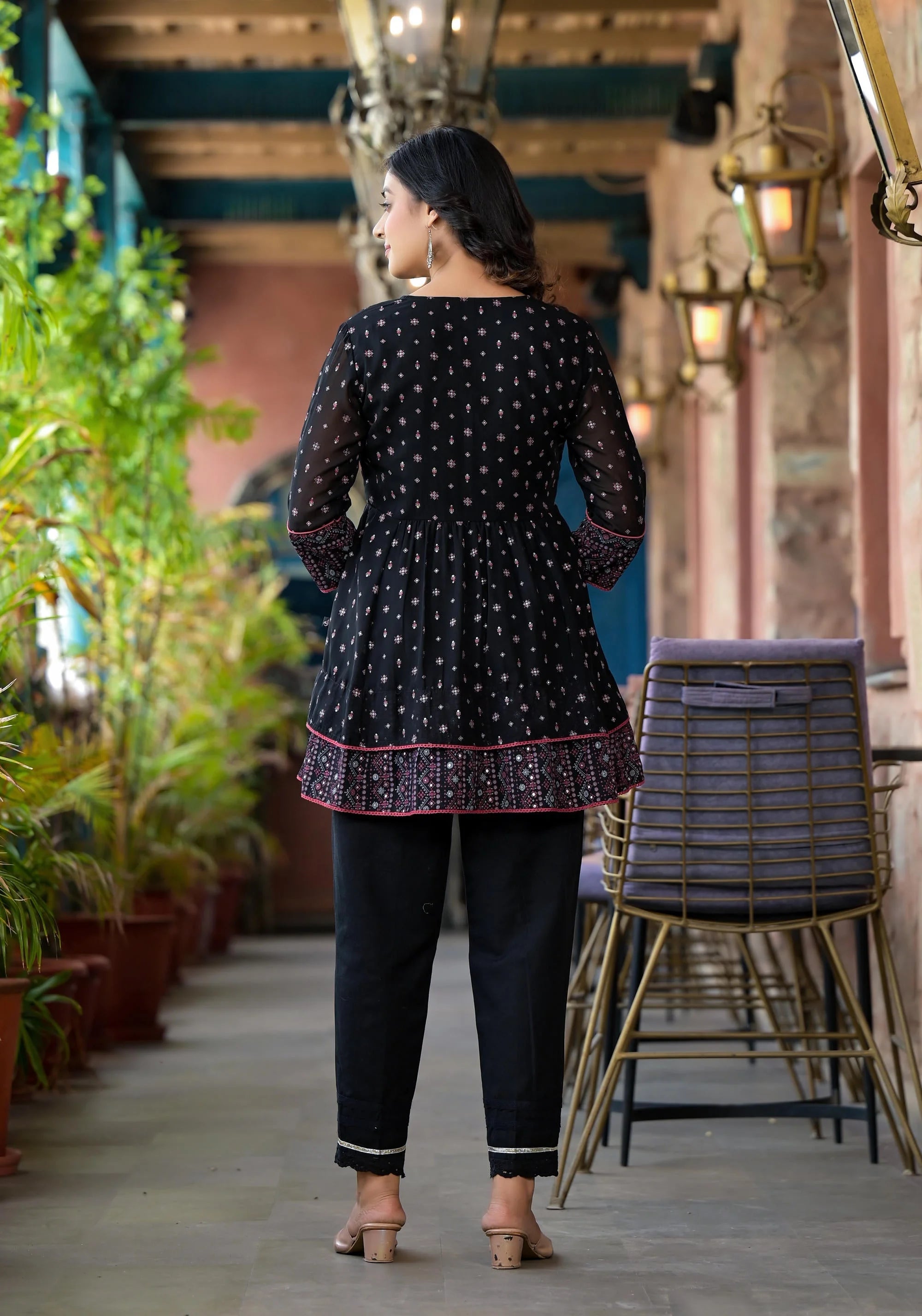 Black Ethnic Print Tunic Top - Indian Kurta Ladies Online