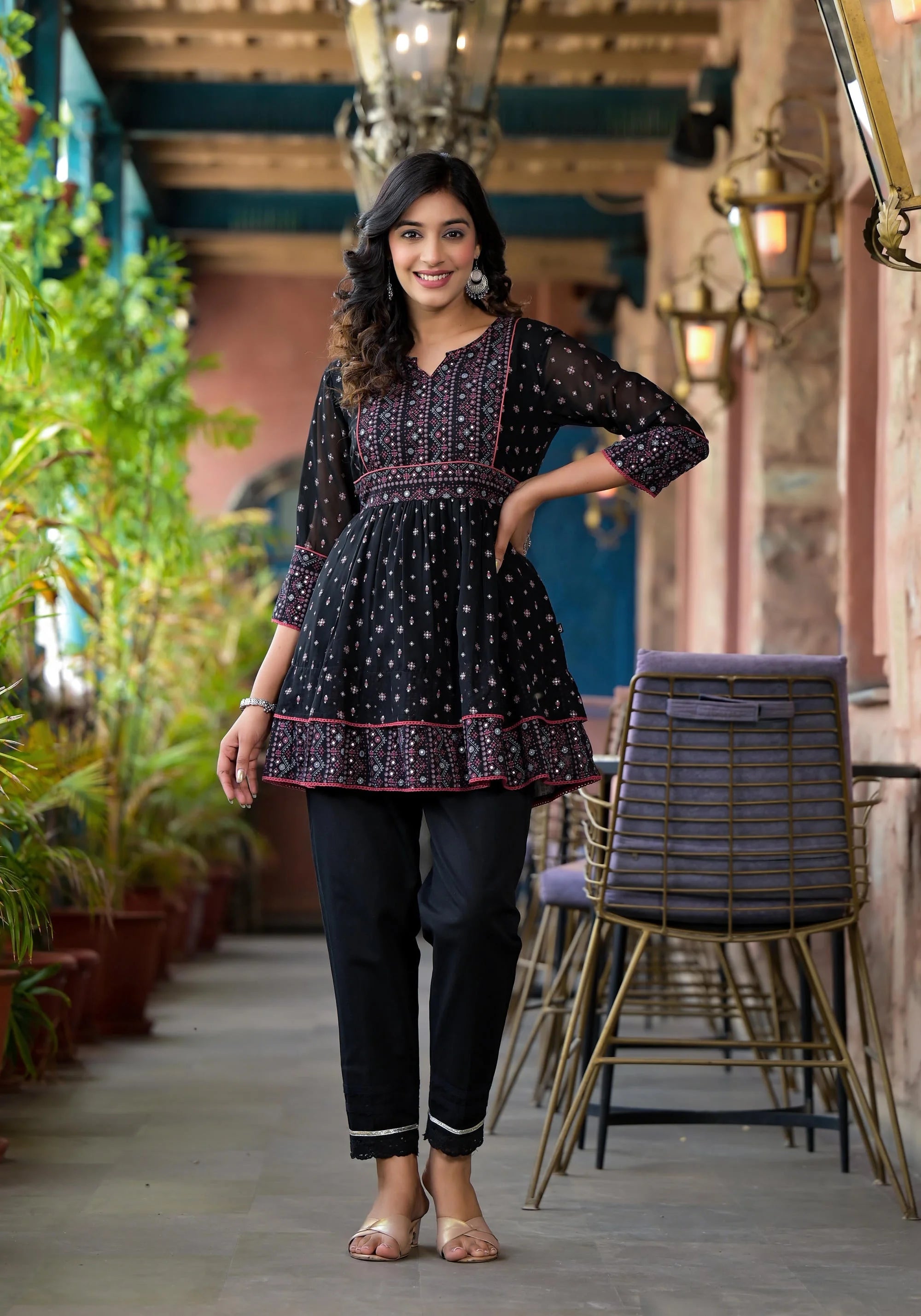 Black Ethnic Print Tunic Top - Indian Kurta Ladies Online