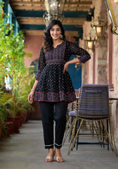 Black Ethnic Motif Printed Georgette A Lined Tunic-J4690BLACK