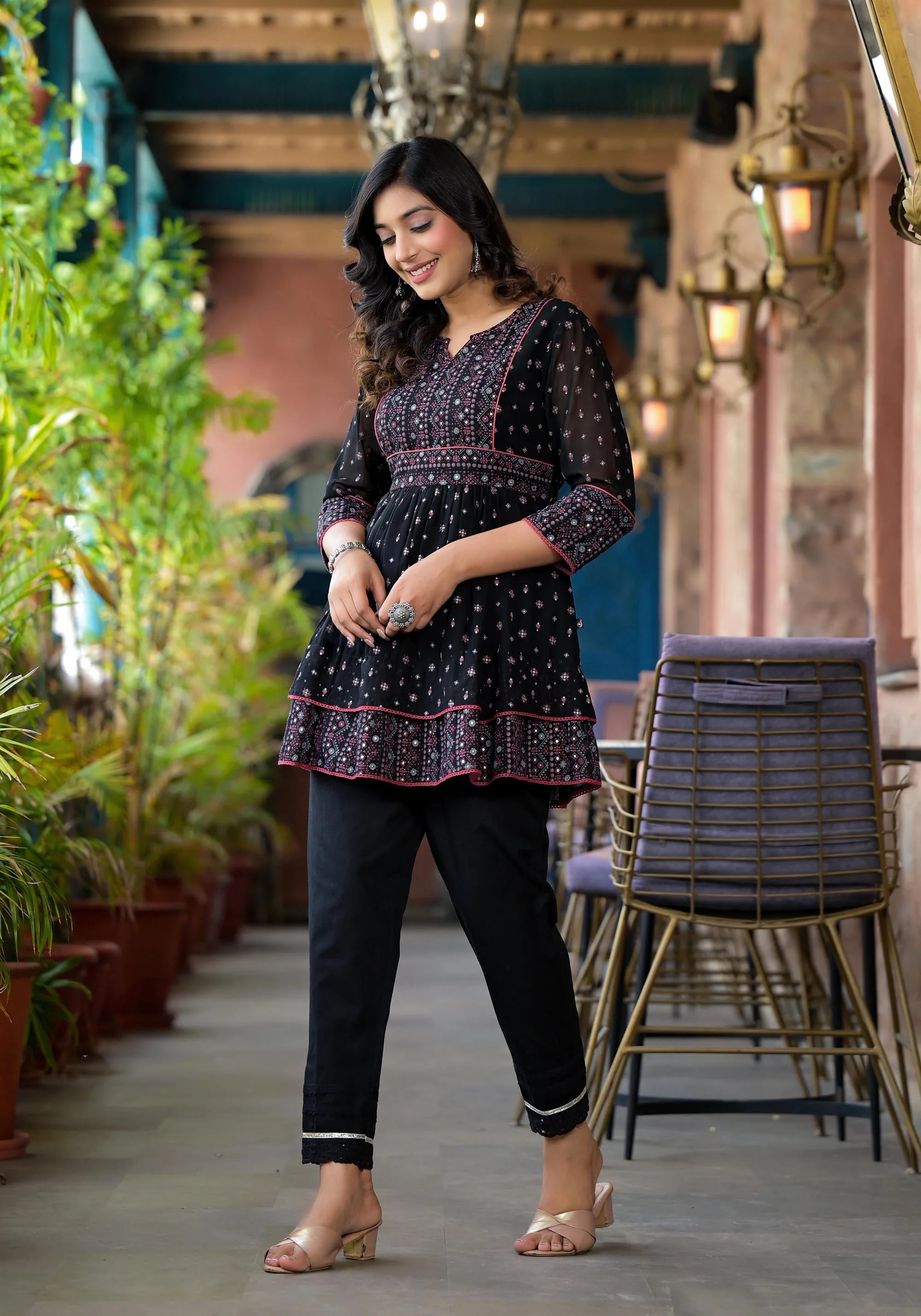 Black Ethnic Print Tunic Top - Indian Kurta Ladies Online