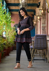 Black Ethnic Motif Printed Georgette A Lined Tunic-J4690BLACK