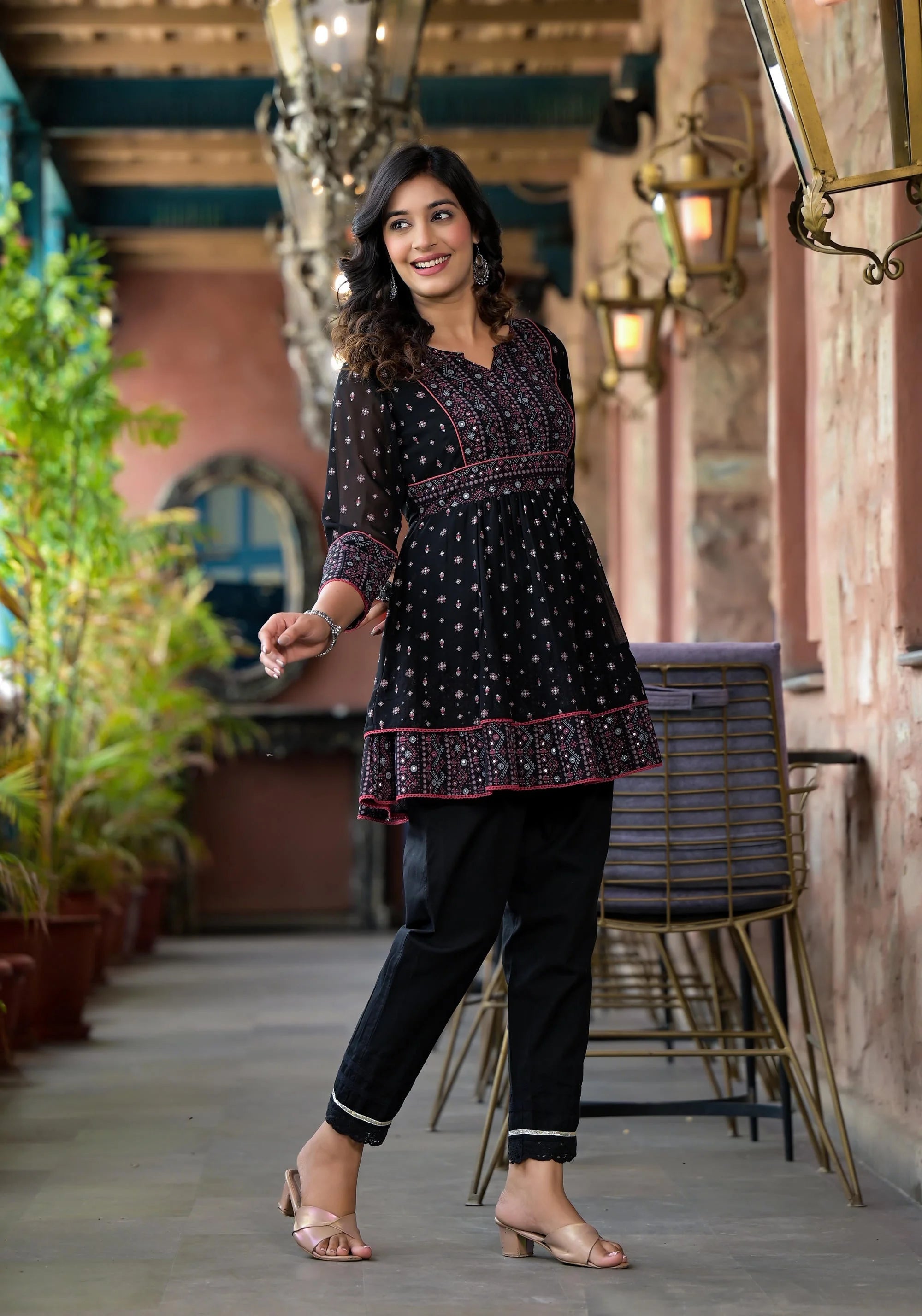 Black Ethnic Print Tunic Top - Indian Kurta Ladies Online