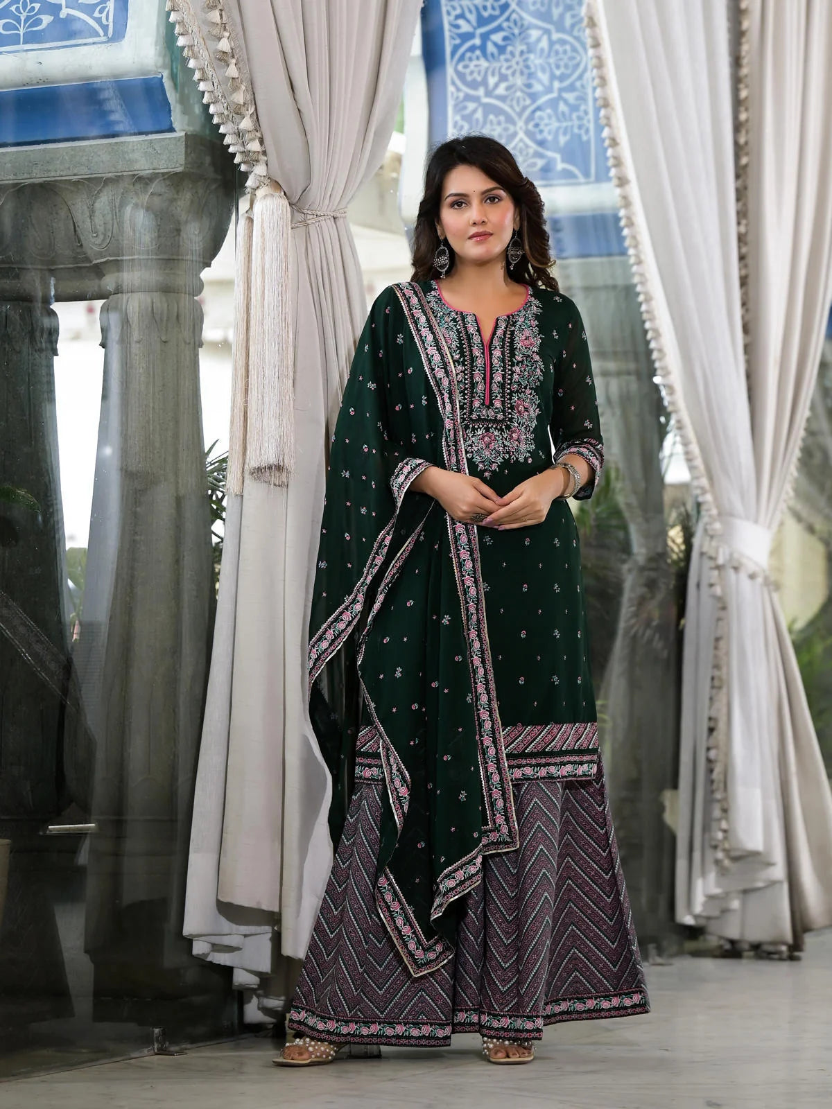 Green Floral Sharara Set for Women | Designer Sharara Suits