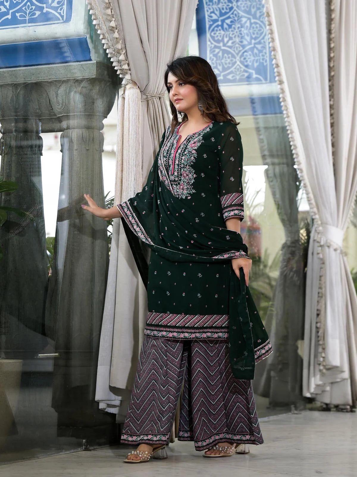 Green Floral Sharara Set for Women | Designer Sharara Suits