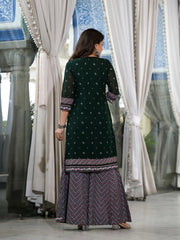 Green Floral Printed Georgette Kurta Sharara & Dupatta Set With Sequins-J4692GREEN