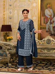 Navy Ethnic Motif Printed Georgette Kurta Pant And Dupatta Set With Sequins & Beads-J4693NAVY