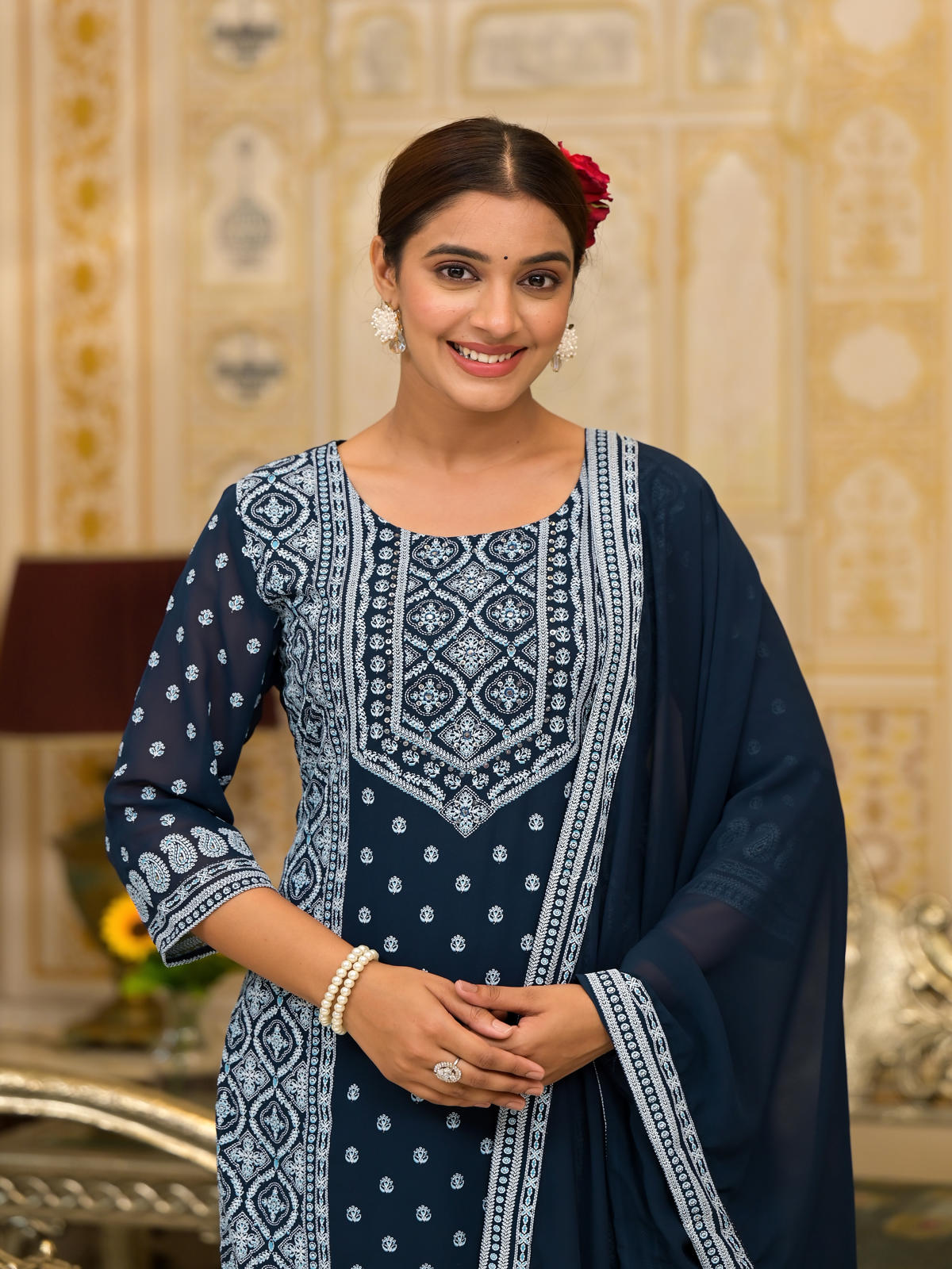 Navy Printed Kurta Set with Dupatta | Women's Indian Kurta Sets
