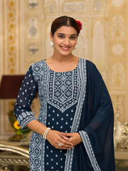 Navy Ethnic Motif Printed Georgette Kurta Pant And Dupatta Set With Sequins & Beads-J4693NAVY